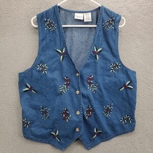 Bobbie Brooks Denim Vest Womens Size 14W Blue Embroidered
